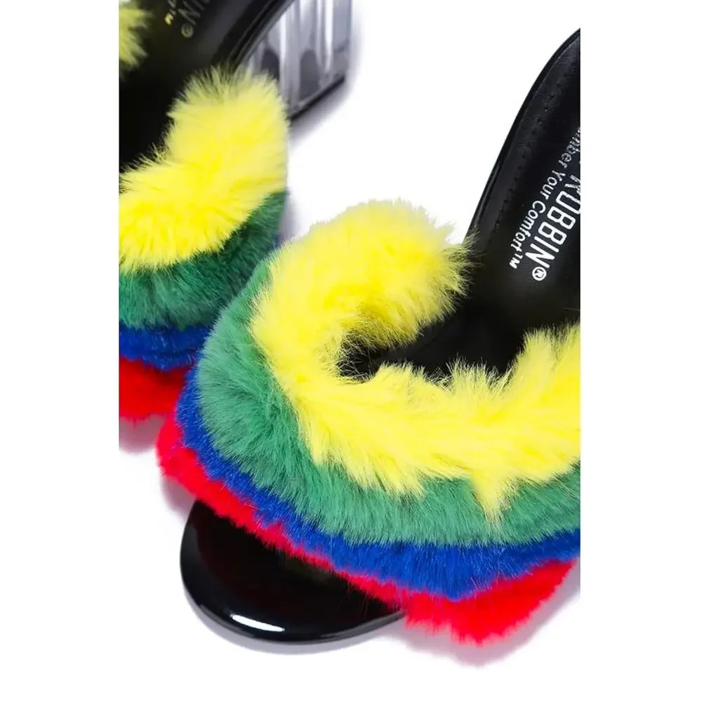 Cape Robbin Kurberry Fur Clear Round Toe Block High Heels, Rainbow, Size 9